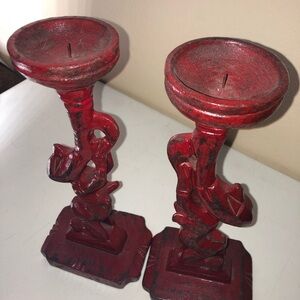 Hand carved African women candle holders set of 2 red